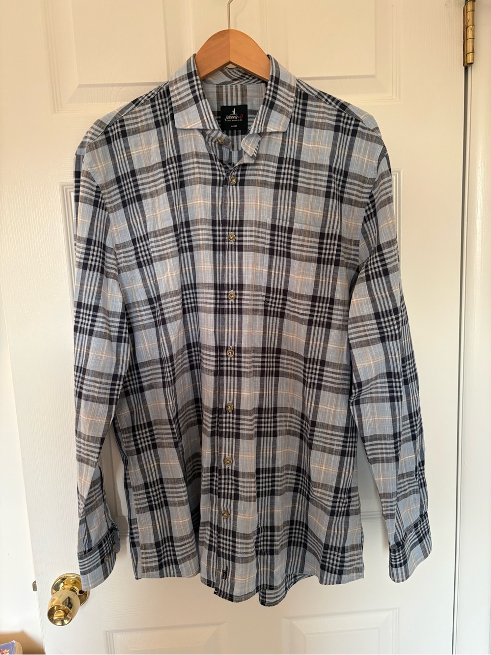 johnnie-O Light Blue Plaid Button-Down Shirt with Navy and Cream Accents